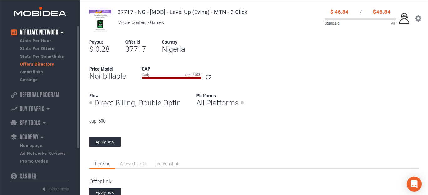 Mobidea Level Up MTN Nigeria offer showing $0.28 payout, 16.95% CR, Direct Billing Double Optin flow