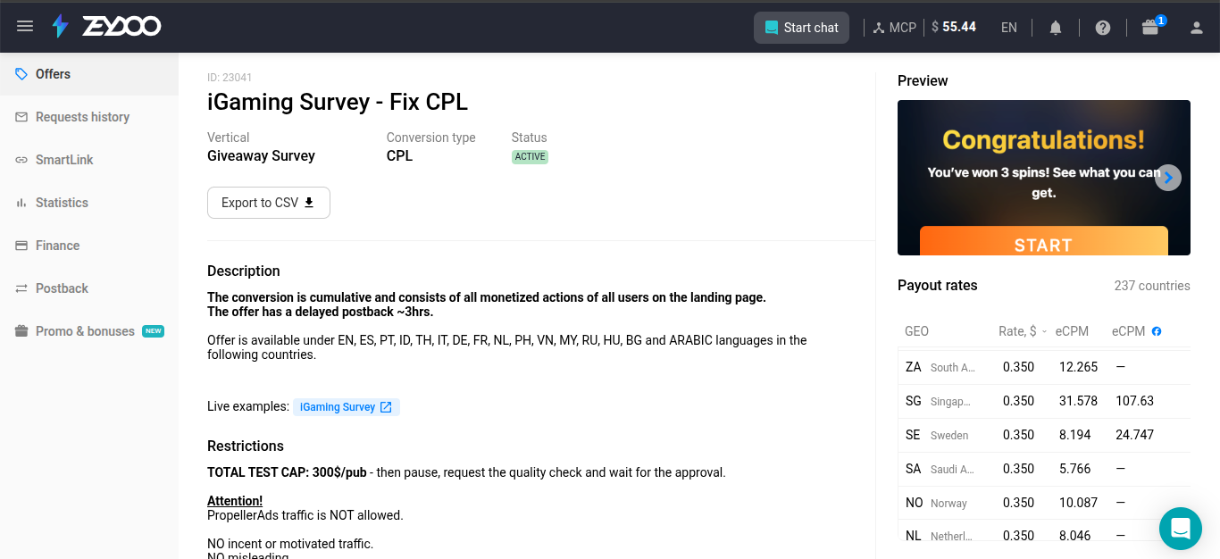 Zeydoo iGaming Survey Fix CPL offer showing $0.35 payout for South Africa, eCPM 12.265, Giveaway Survey vertical