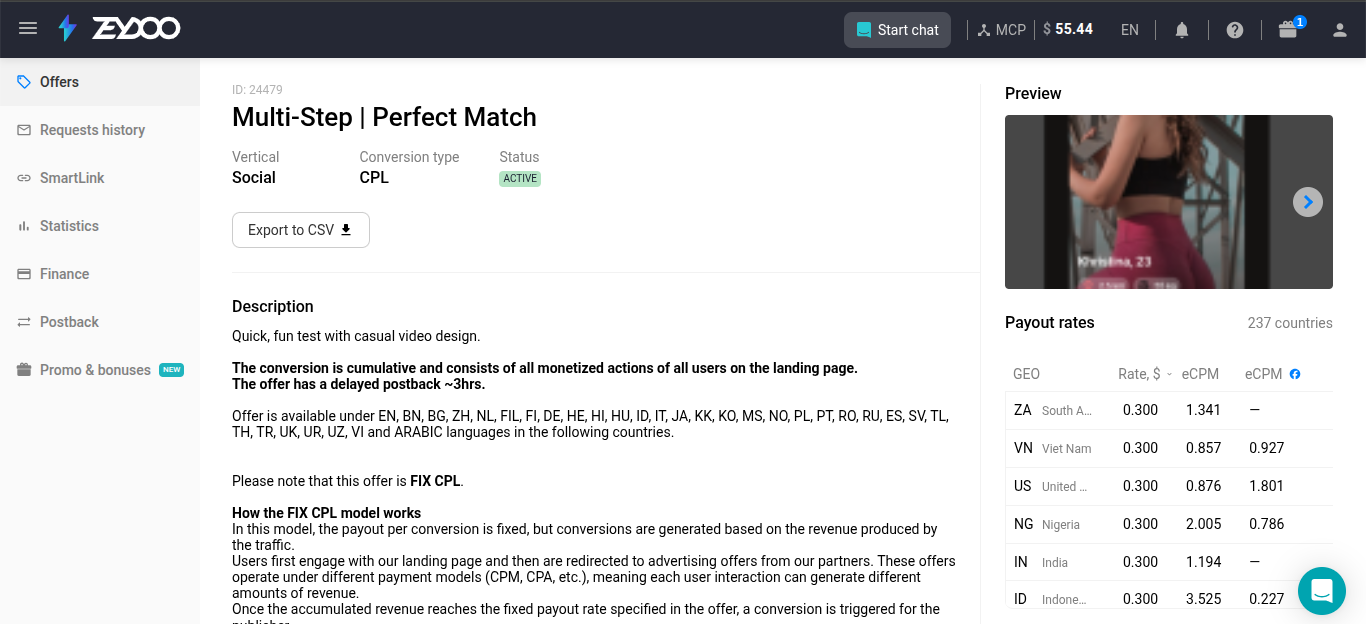 Zeydoo Perfect Match Multi-Step CPL offer showing $0.30 payout for Nigeria with eCPM 2.005, Social vertical